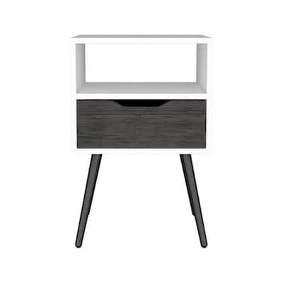 Lugo Nightstand, Smokey Oak-White - Compact Bedside Table with Drawer and Shelf Organizer