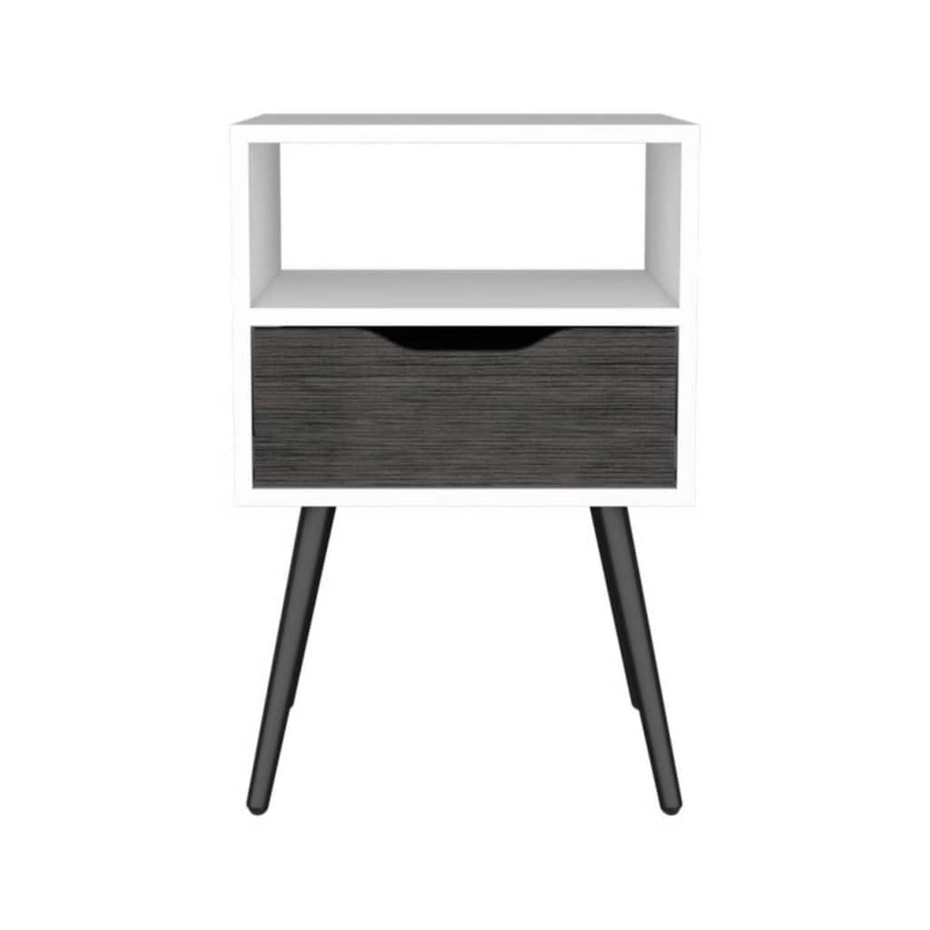 Lugo Nightstand, Smokey Oak-White - Compact Bedside Table with Drawer and Shelf Organizer