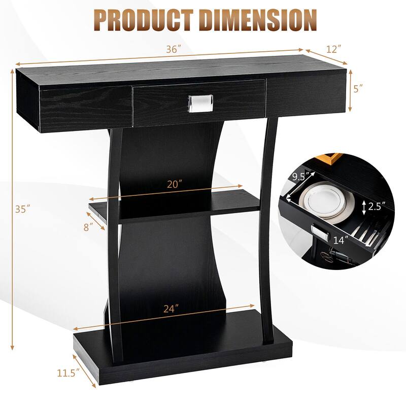 Gymax Console Sofa Table w/ Drawer and 2-Tier Shelves for Entryway