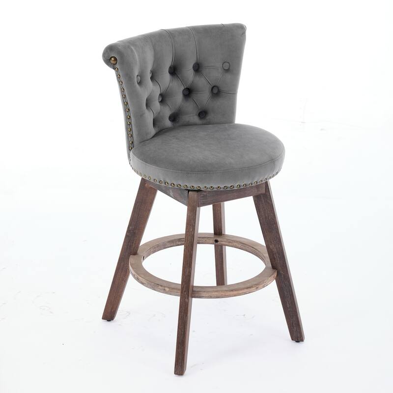 Roomfitters 26" Velvet Swivel Bar Stools Set of 2, Tufted Counter Height Stools with Back and Wood Legs