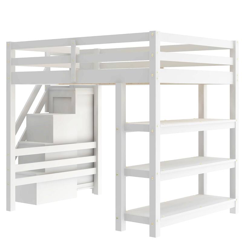3-Tier Shelves Loft Bed White Wood Bed Frame with Storage Staircase and Safety Guardrail, Bright LED Lights Underneath