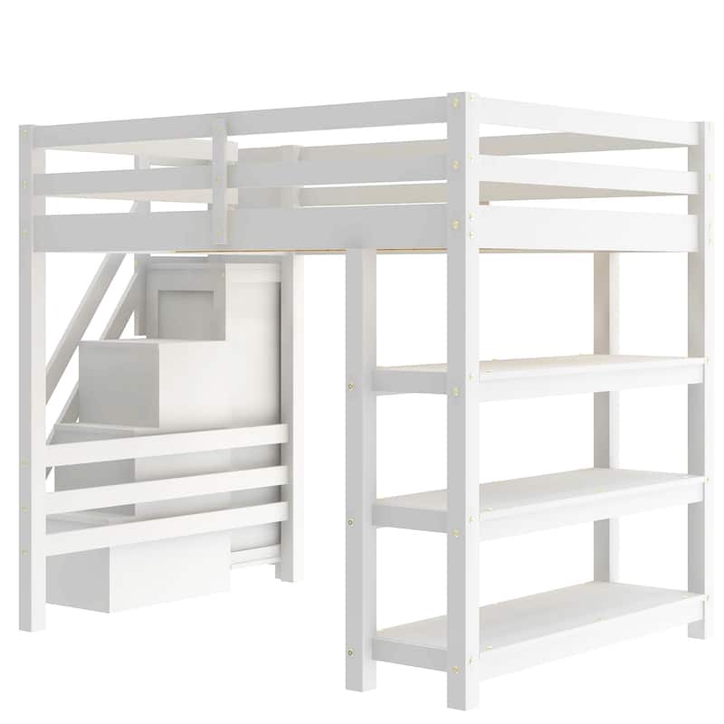Roomfitters Twin/Full Size Loft Bed with Wardrobe, Storage Staircase and LED Light, White