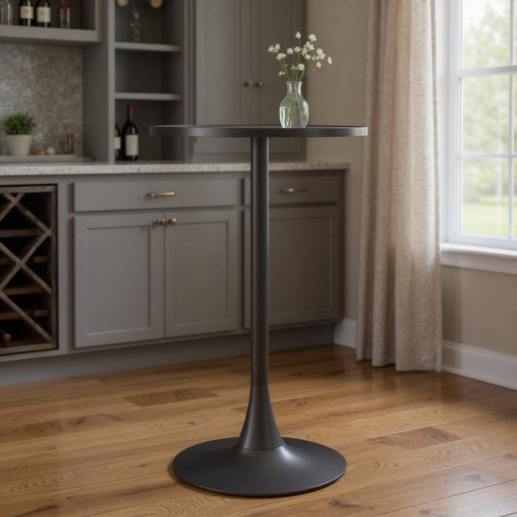 HomeRoots 24" Gray and Black Faux Terrazzo and Steel Rounded Bar Table - 24.00 in. x 41.70 in. x 24.00 in.