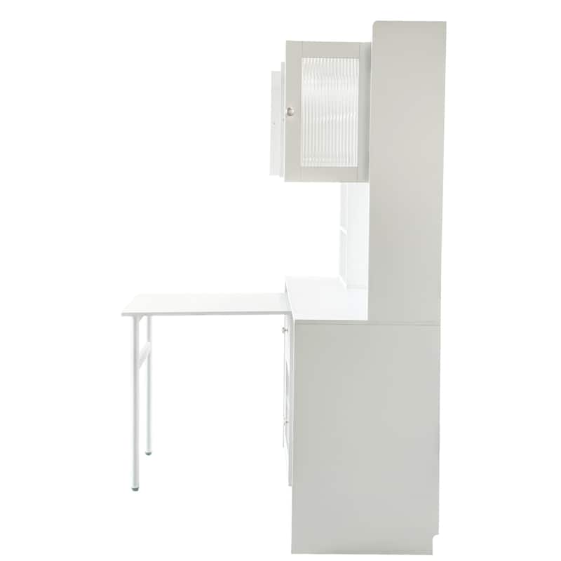Home Office Rotating Computer Desk with Glass Doors, Large Writing Study Desk with Hutch, Bookshelf & Extendable Desktop