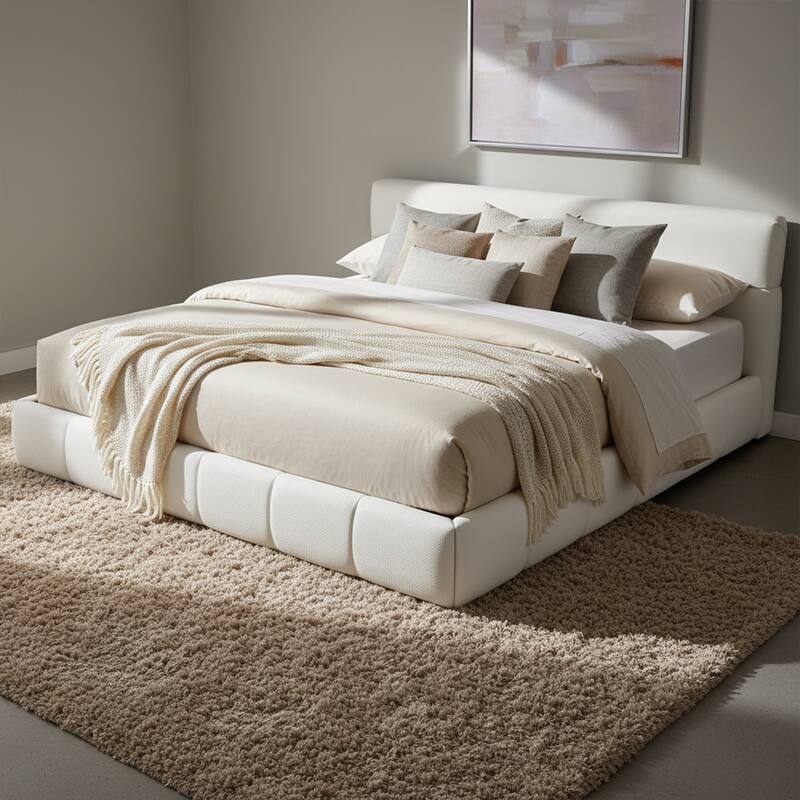 Christopher Knight Home - Sio Modern Boucle Upholstered Platform Bed Frame with Wooden Slats Support, No Box Spring Needed - White - King