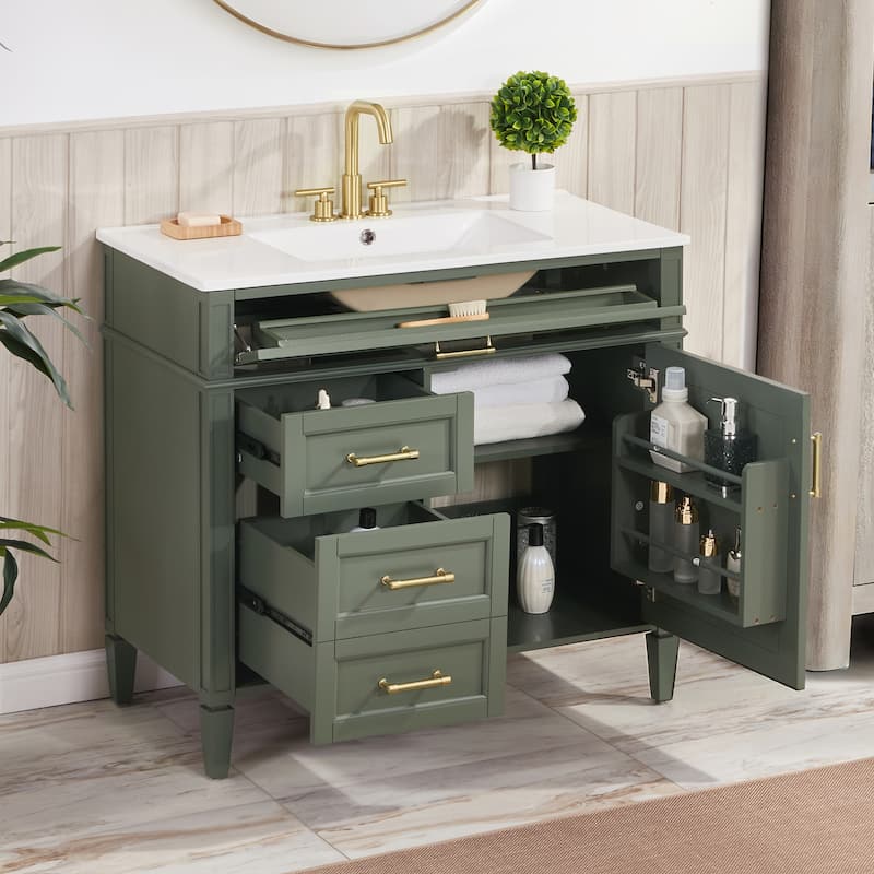 Modern 36" Freestanding Bathroom Vanity Cabinet Wood Frame with Ceramic Sink and Divided Drawers