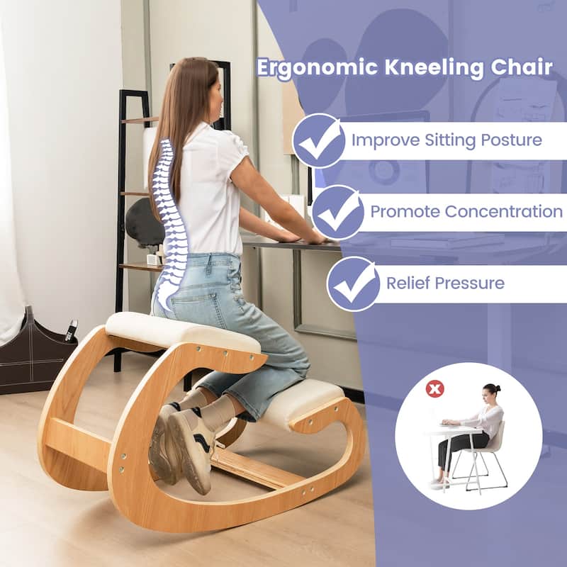 Wooden Rocking Chair with Comfortable Padded Seat Cushion and Knee Support - 21.5" x 34" x 22"
