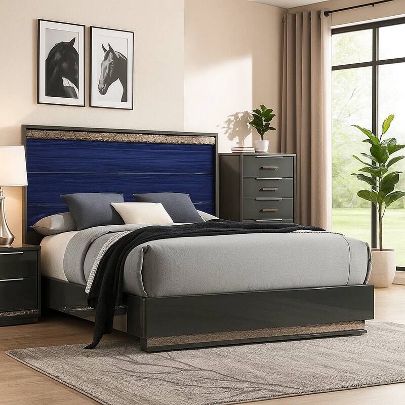 Cote King Bed, Slat Panel Headboard, Ash Gray and Indigo Blue Wood