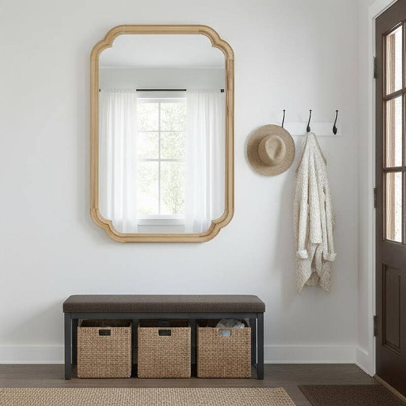 Transitional Irregular Rectangle Wood Frame Wall Mirror for Entryway