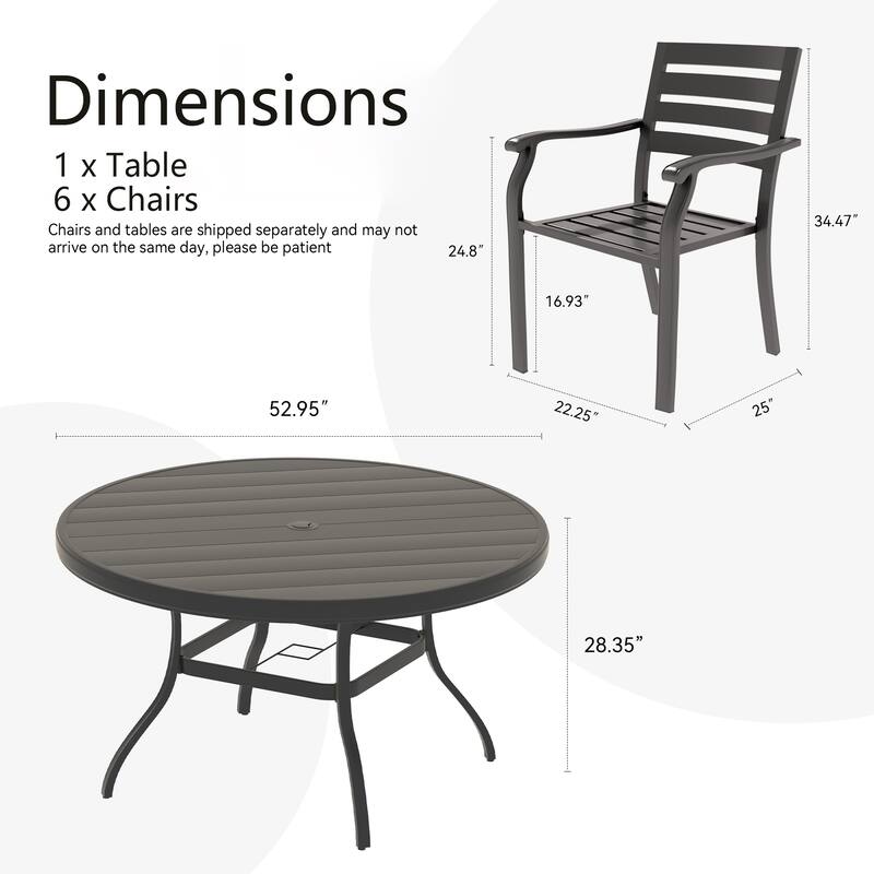 7 Pieces Outdoor Patio Dining Set, 6 Stackable Metal Dining Chairs and 52.95" Round Metal Dining Table