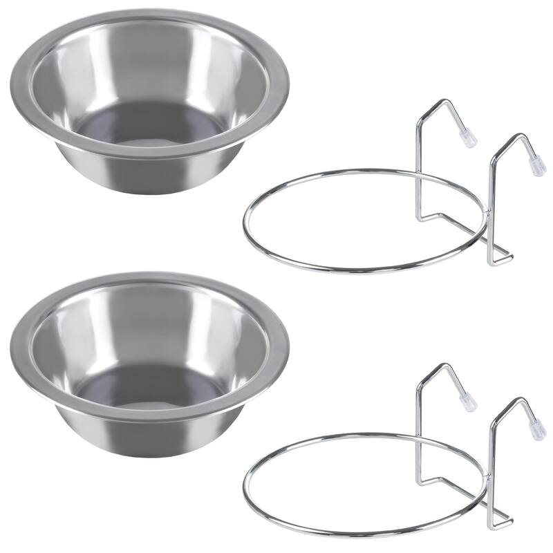Set of 2 Stainless-Steel Dog Bowls - Cage, Kennel, and Crate Hanging Pet Bowls for Food and Water