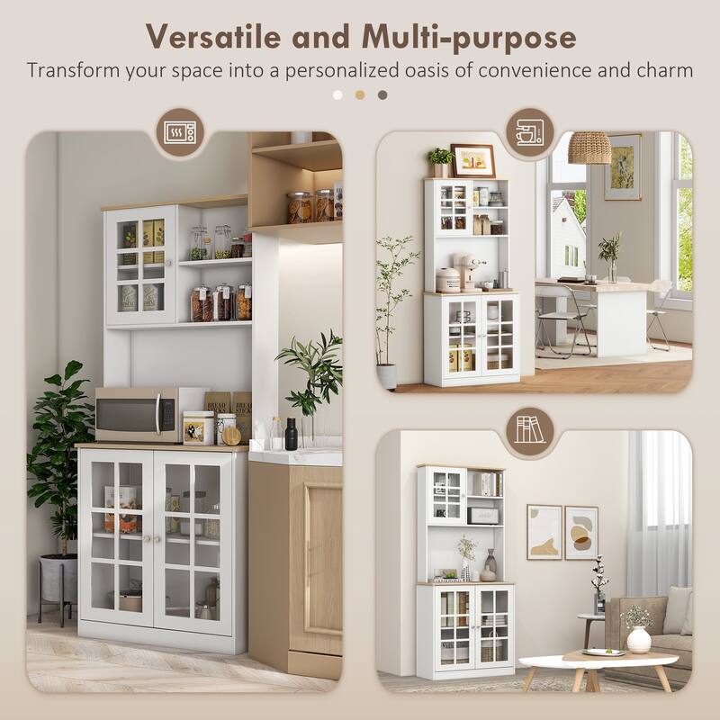 72" Freestanding Storage Cabinet with Hutch, Large Countertop, Glass Doors and Adjustable Shelves