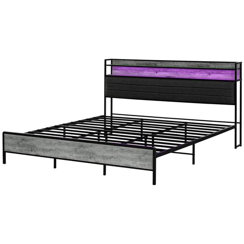 Platform Bed with Powder-Coated Metal Frame and RGB LED Remote Lights USB Charging - King
