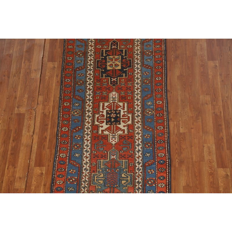 Hand Knotted Oriental 100% Wool Carpet Traditional Geometric Oranges & Rust Heriz (serapi) Runner Rug - 12' 7'' X 2' 10''