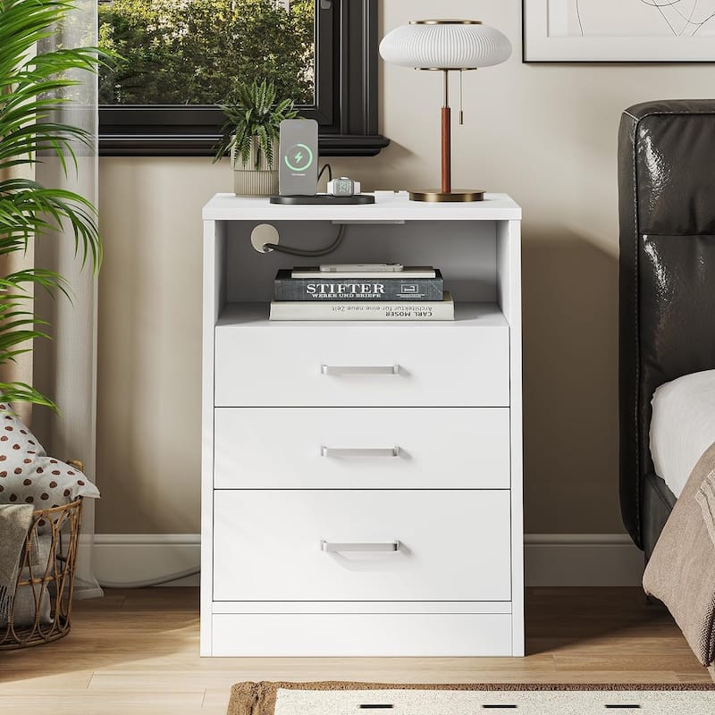 Nightstand 3 Drawers Open Storage Charging Station - White