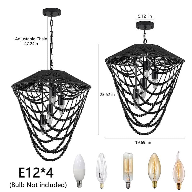 4-light Black Beaded Chandelier - 19.69"x19.69"x23.62"
