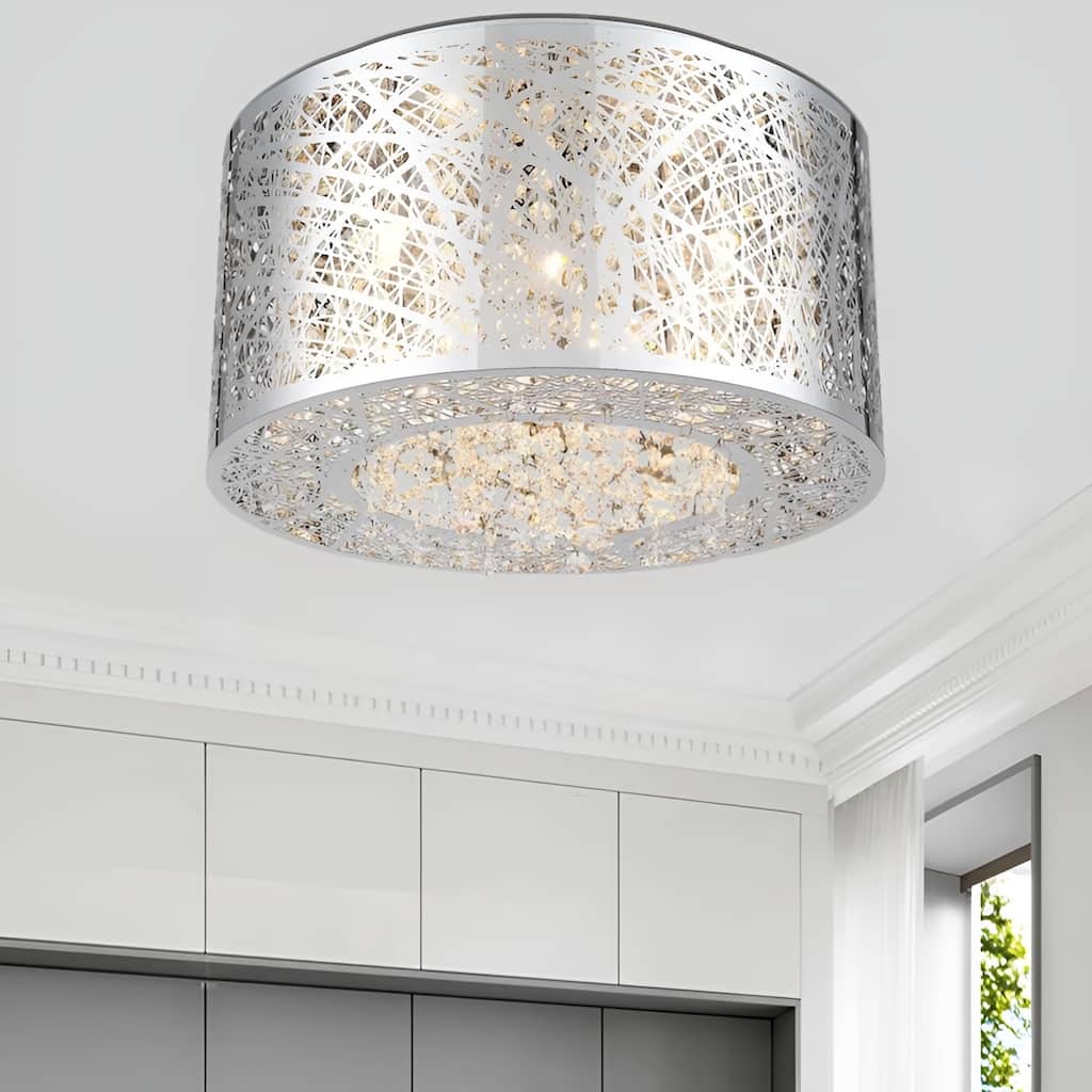 15.7" Wide Metal Flush Mount with Crystal Accent Bird Nest Modern Laser-Cut