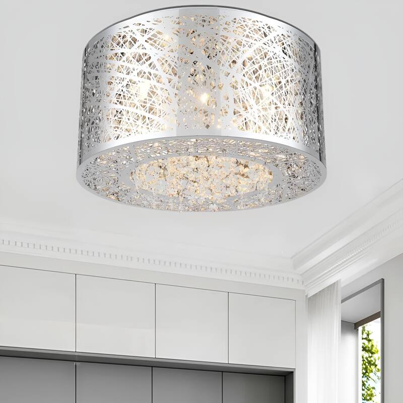 15.7" Wide Metal Flush Mount with Crystal Accent Bird Nest Modern Laser-Cut - Chrome