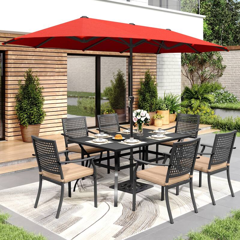 8-Piece Patio Dining Set Metal E-coating of 6 Upgraded Back Pattern Chairs & 1 Metal Table & 13FT Large Umbrella - 7-Piece-Red Umbrella