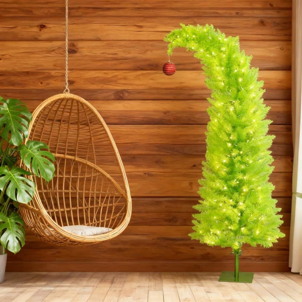 5 ft Christmas Tree with Red Ball, Metal Base - Green