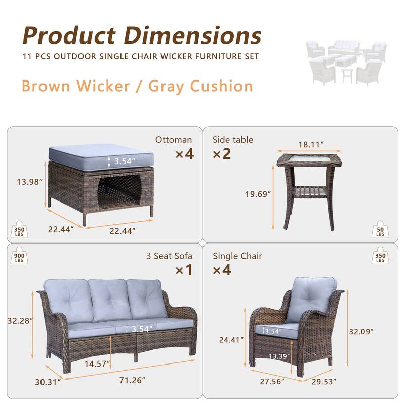 Brown Wicker Outdoor Patio Furniture Sofa Set with Denim Blue Cushions