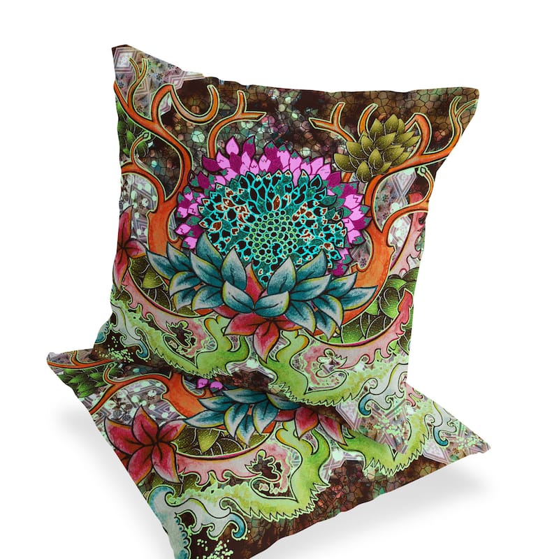 HomeRoots Set of Two 16" X 16" Green and Pink Blown Seam Floral Indoor Outdoor Throw Pillow - 16.00' X '16.00' X '5.00
