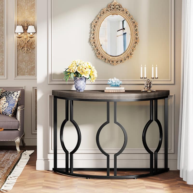 43" Half Moon Console Table for Entryway, Industrial Semi Circle Sofa Table with Geometric Base