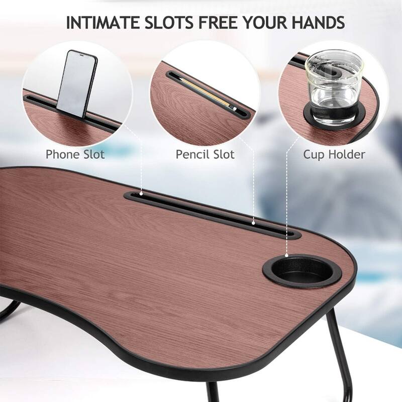 Wood and Metal Design Foldable Laptop Desk with Cup Groove