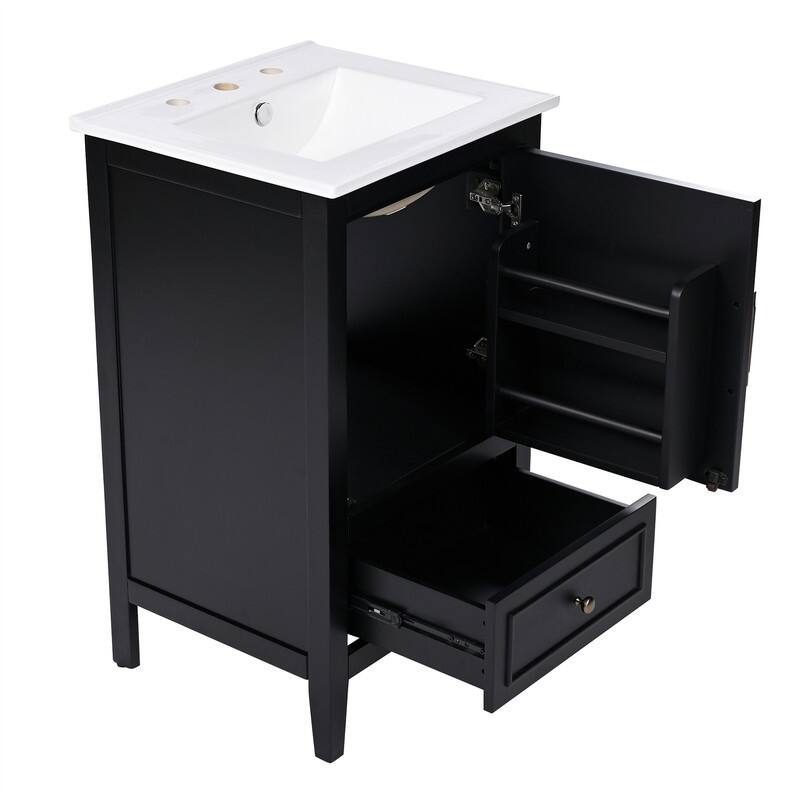 20" Bathroom Vanity with Ceramic Sink Combo, Freestanding Bathroom Storage Cabinet with 1 Door, 1 Storage Drawer and Door Shelf