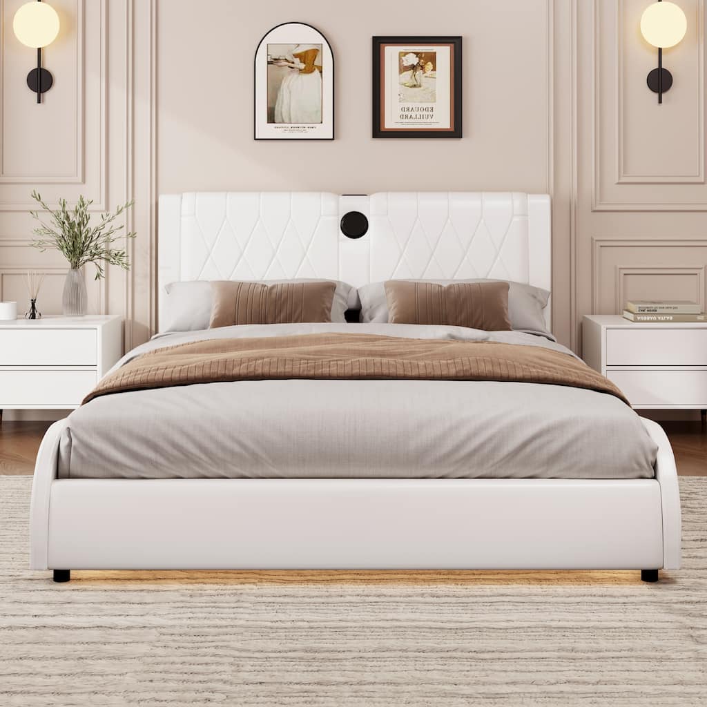 Faux Leather Upholstered Frame Platform Bed with Thickened Headboard Built-in Bluetooth Speakers, RGB LED Light Bed Frame