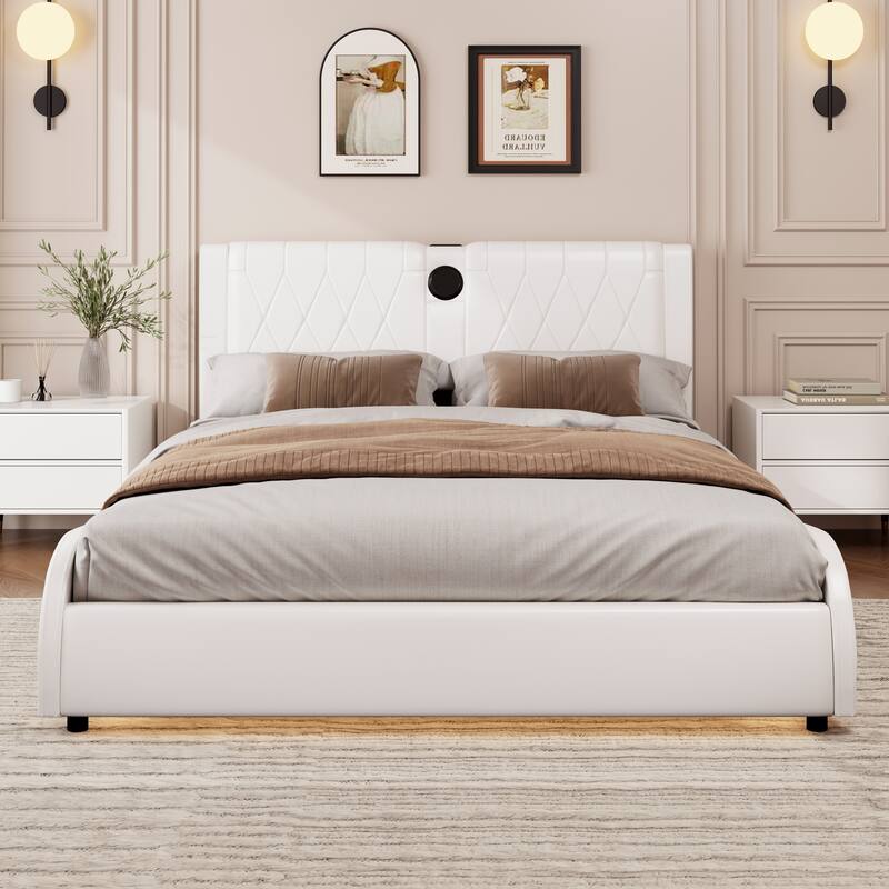 Luxurious Faux Leather Upholstered Platform Bed with Thickened Headboard, tooth Speakers and RGB LED Light