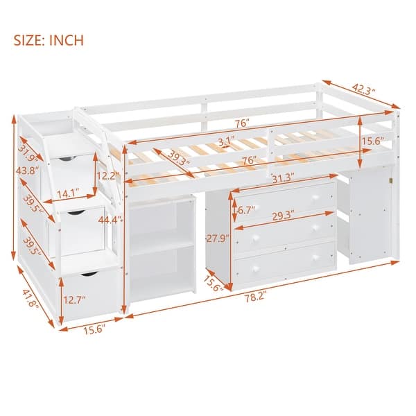 dimension image slide 1 of 2, White Solid Wood Loft Bed with Retractable Desk, Storage Stairs, Storage Drawers, and Shelves