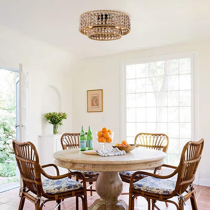 Boho 3-Light Drum Wood Beaded Flush Mount Chandelier