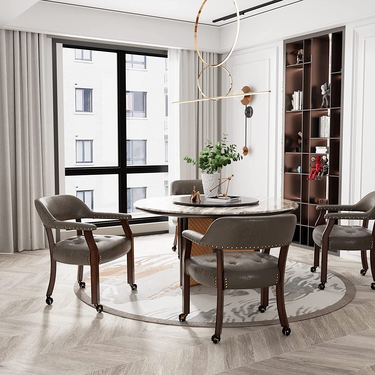 Solid Wood Frame Dining Chairs with Casters for Poker Tables-image