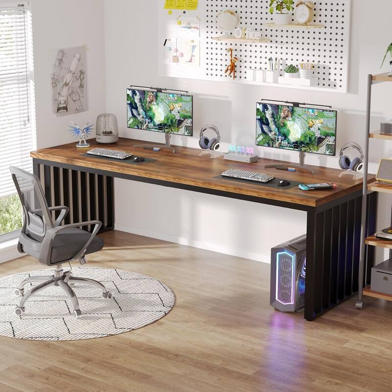 78" Extra Long 2-Person , Double Workstation with Heavy-Duty Steel Legs, Oak & White Finish