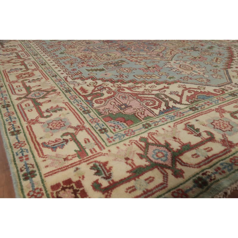 Light Blue Geometric Heriz Serapi Indian Area Rug Handmade Wool Carpet - 7'9" x 9'10" - 7'9" x 9'10" - Blue