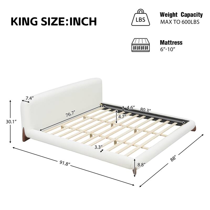King/Queen Upholstered Platform Bed with Boucle Headboard & Solid Wood Legs