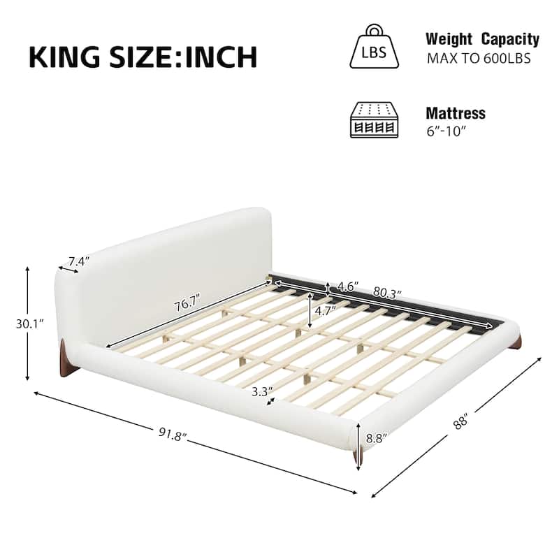 White Upholstered Low-Profile Platform Bed with Boucle Thick Headboard, Solid Wood Legs Grounded Bed Frame, Floor Bed