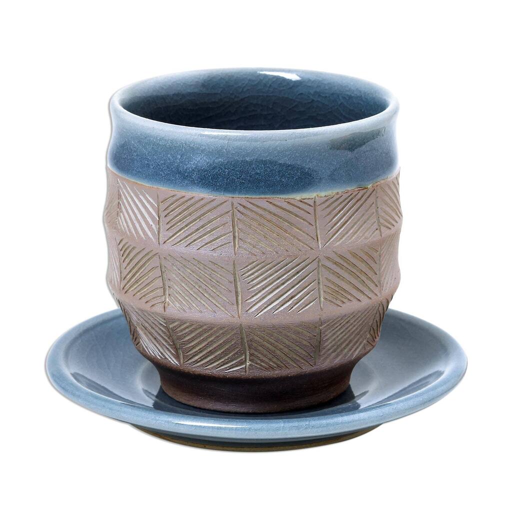 Handmade Comfort Etches Celadon ceramic cup and saucer (Thailand)