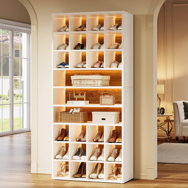 Tall LED Shoe Cabinet with 24 Compartments for Entryway Living Room - White