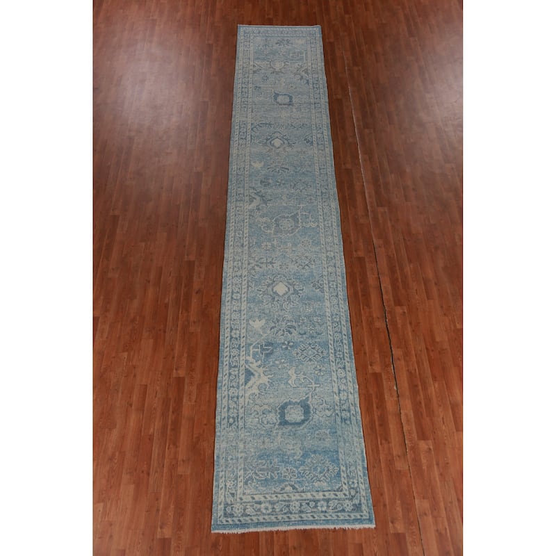 Hand Knotted Oriental 100% Wool Carpet Transitional Floral Navy Blue & Blues Oushak Runner Rug - 17' 4'' X 3' 1''
