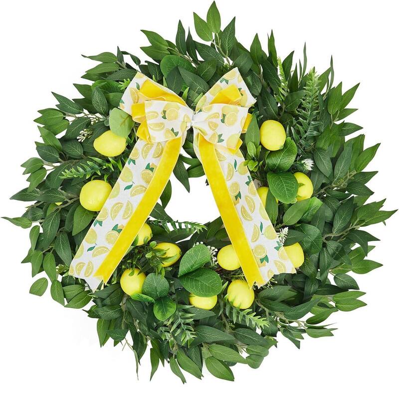 24 Inch Artificial Lemon Wreath with Yellow Lemon & Bow for Home Holiday Decorations - Yellow