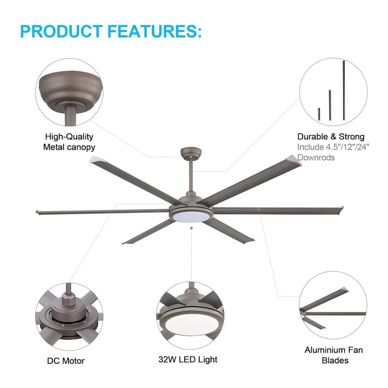 MLiAN 80 In. 6 Aluminium Blades Indoor Ceiling Fan with Light Kit and Remote - 80"