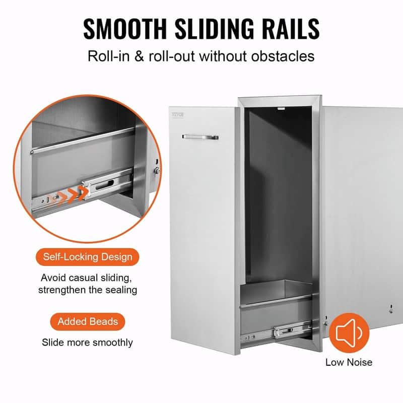 Pull-Out Trash Drawer, Stainless Steel Roll-Out Bin with Sliding Rails and Handle for Outdoor Kitchen or BBQ Island