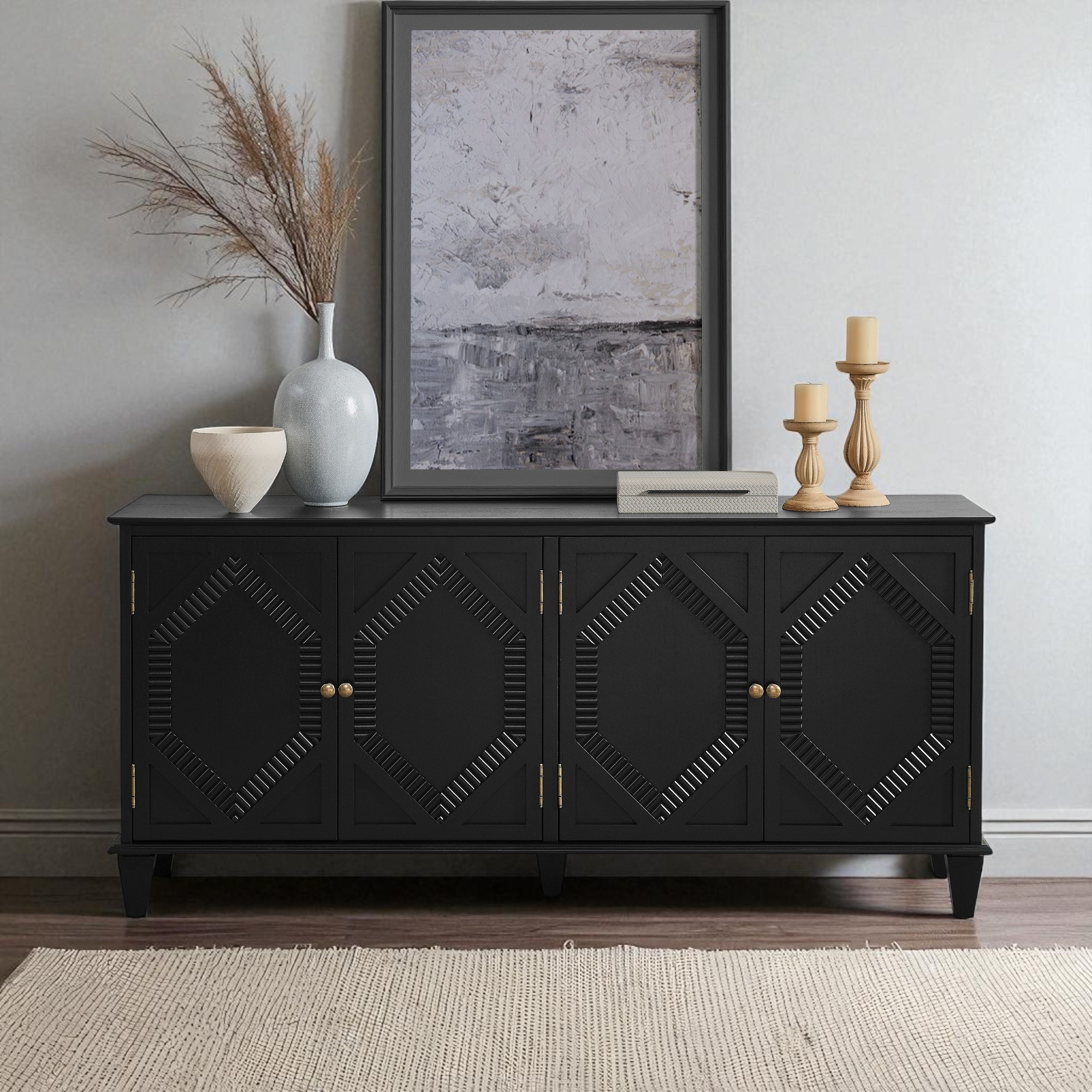 65.2" Mid Century Modern Sideboard Buffet Cabinet with Storage,Symmetrical Geometric Accent Coffee Bar Wine Bar Storage Cabinet