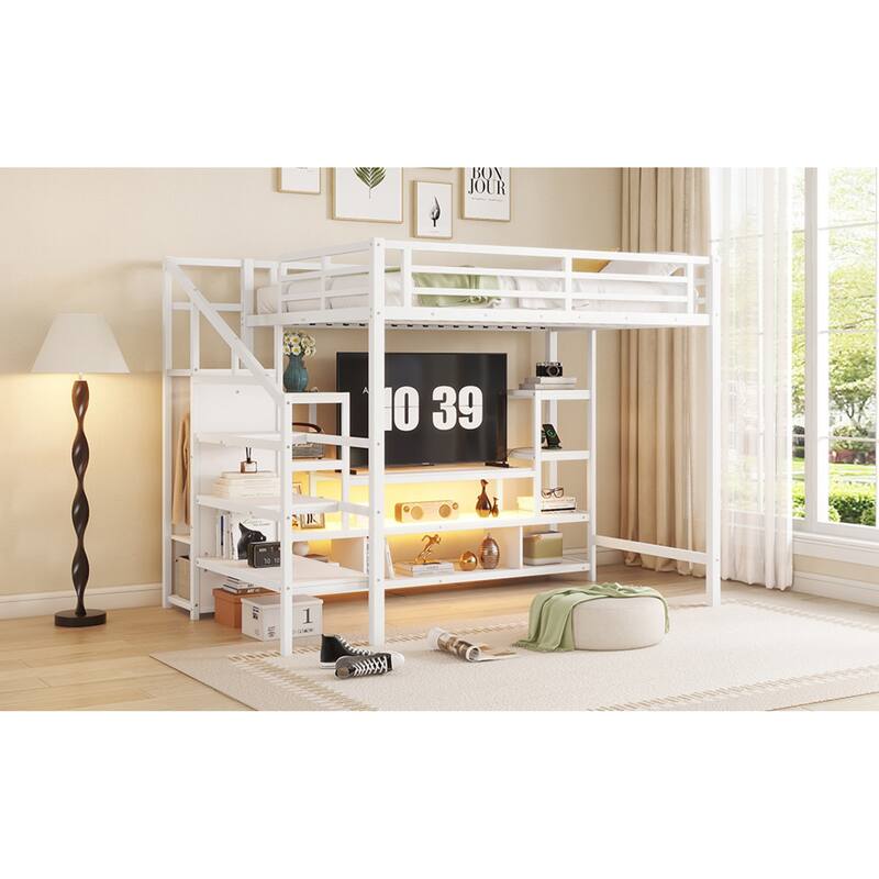 Roomfitters Full Metal Loft Bed, Staircase Storage and TV Stand with Wardrobe for Bedroom, White