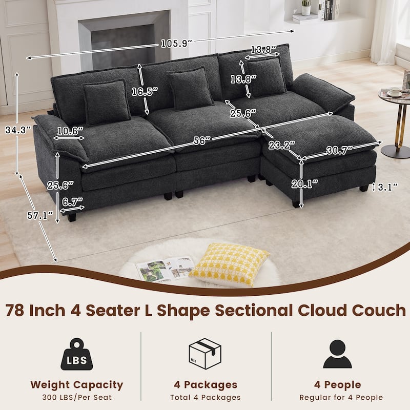 Modular Chenille Sectional Sofa with Ottomans, Deep Seat, Wide Padded Armrests, 2-Seat / 3-Seat / 4-Seat Options