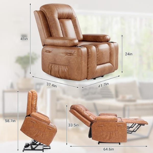 dimension image slide 0 of 10, Power lift recliner chair with massage, cup holders, and side pocket.