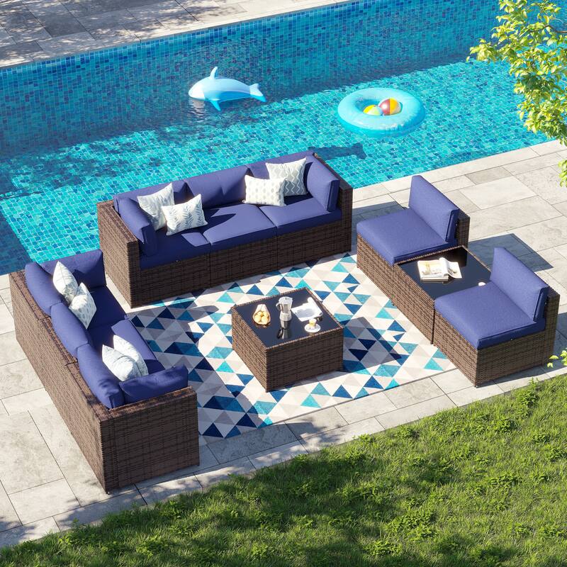 AOXUN Wicker Rattan Outdoor Sectional Sofa Set with Coffee Table - 10 pcs - Brown-Blue