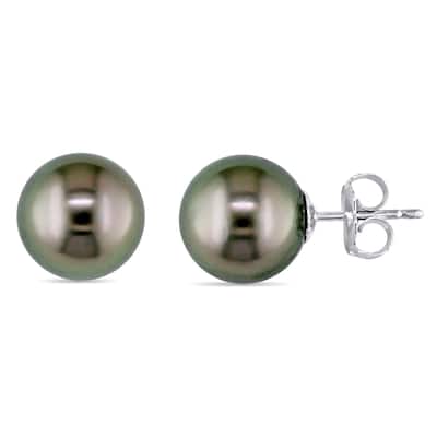 Miadora 9-9.5mm Black Tahitian Cultured Pearl Stud Earrings in 14k White Gold